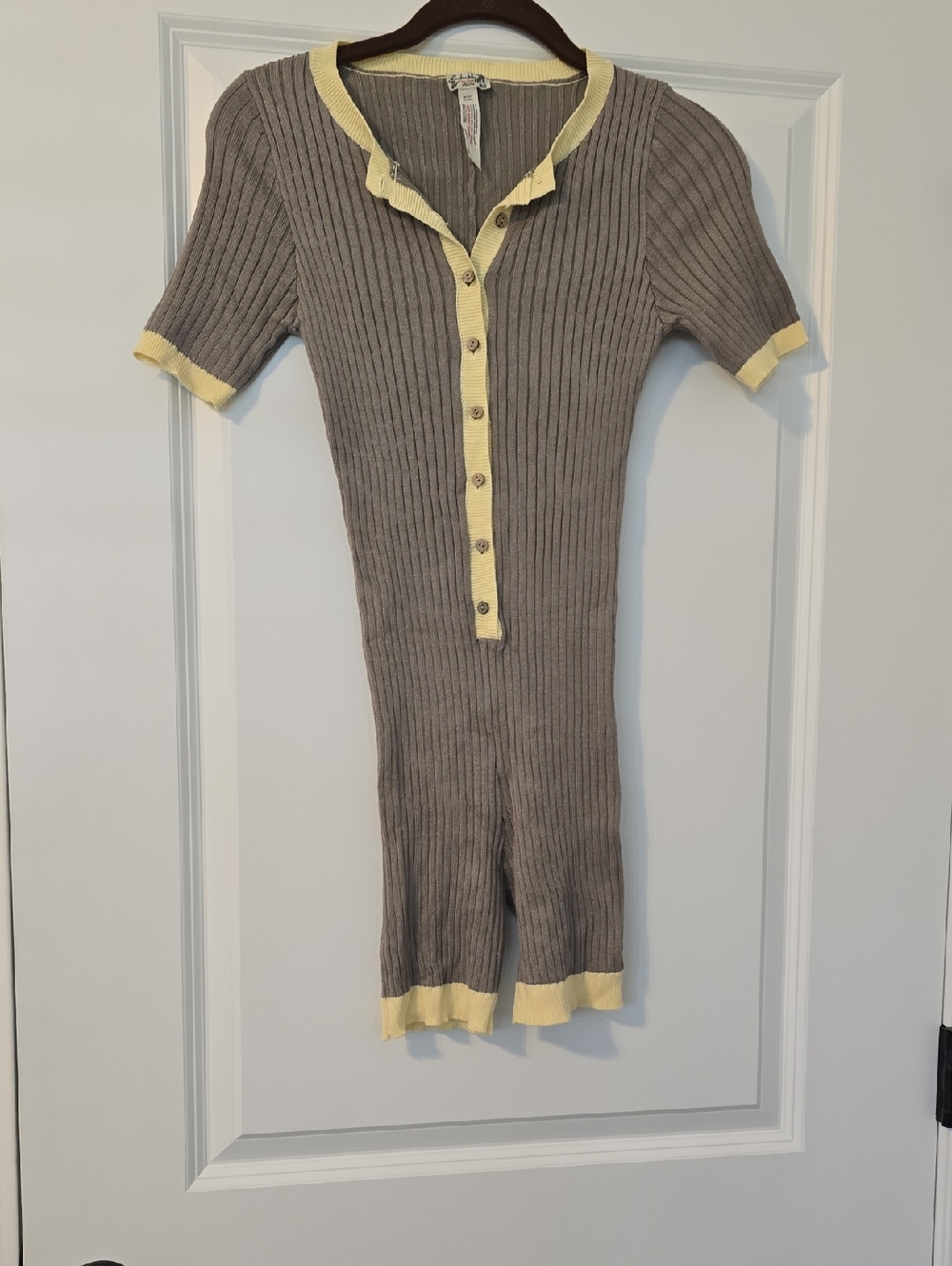 Free People Ribbed Short Sleeve Romper in Taupe with Yellow Trim